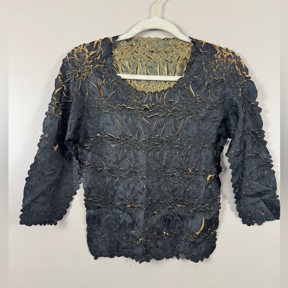 Black Gold Crinkle Top OSFM Boho Glam Metallic Festival Grunge Whimsigoth Fairy - Picture 2 of 8
